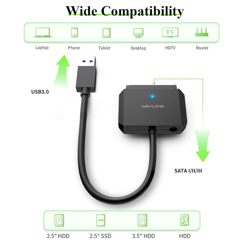 WAVLINK SATA to USB Type-A Hard Drive Cable, 5Gbps USB3.0, Supports UASP, External Hard Drive SATA I/II/III Connector, 2.5" SSD/HDD and 3.5" HDD up to 20TB, Power Adapter Included - Image 2